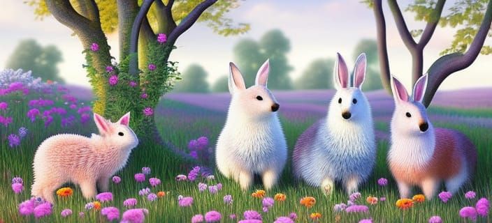 Happy Rabbit Family in Whimsical Garden: Fairytale Illustrat...