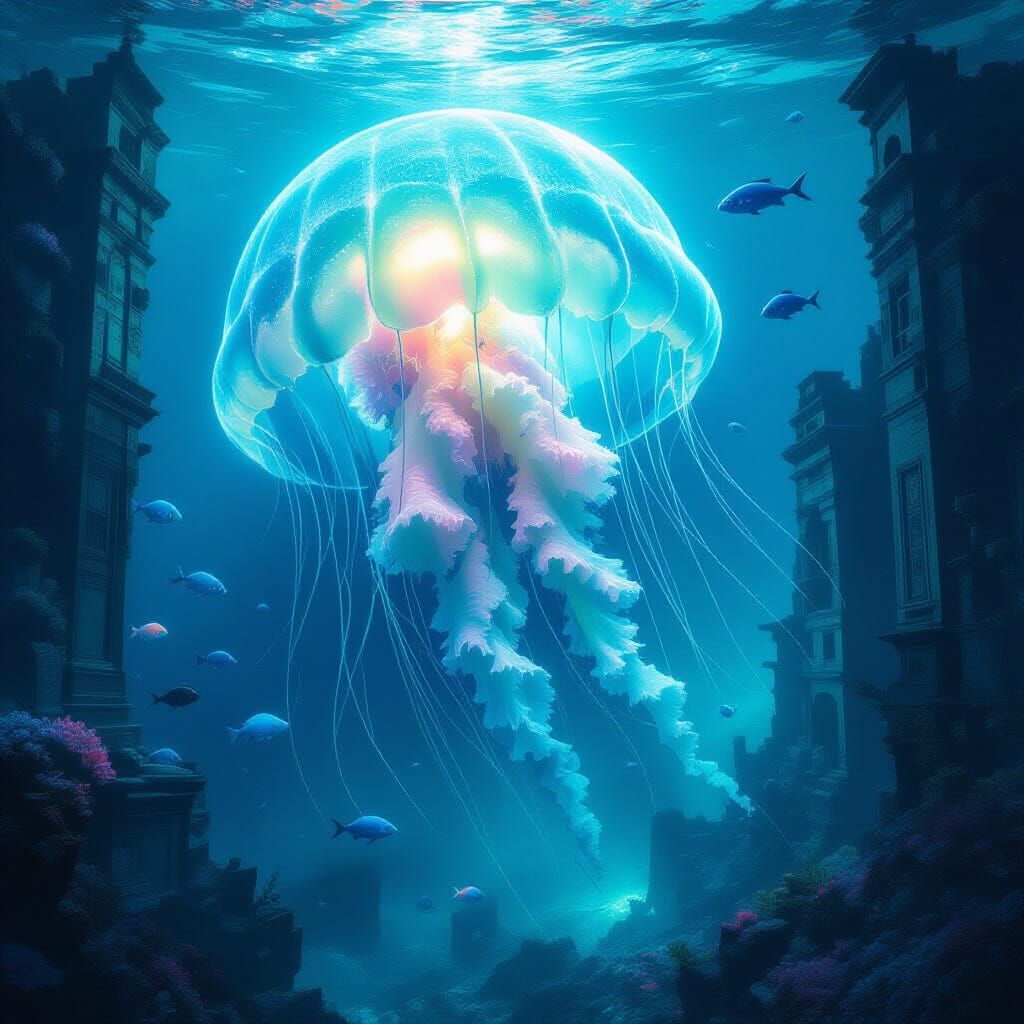 Bioluminescent Jellyfish Over Sunken Art Deco City Ruins