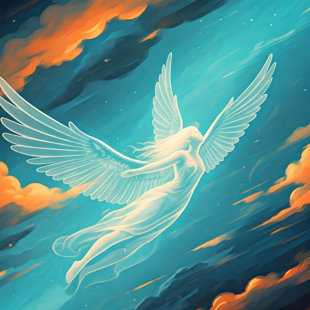 Angel Soaring in Abstract Expressionist Sky