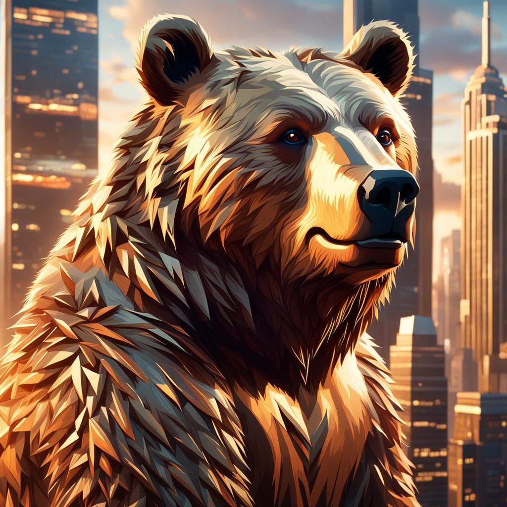 Kodiak Bear Roams a Futuristic Cityscape