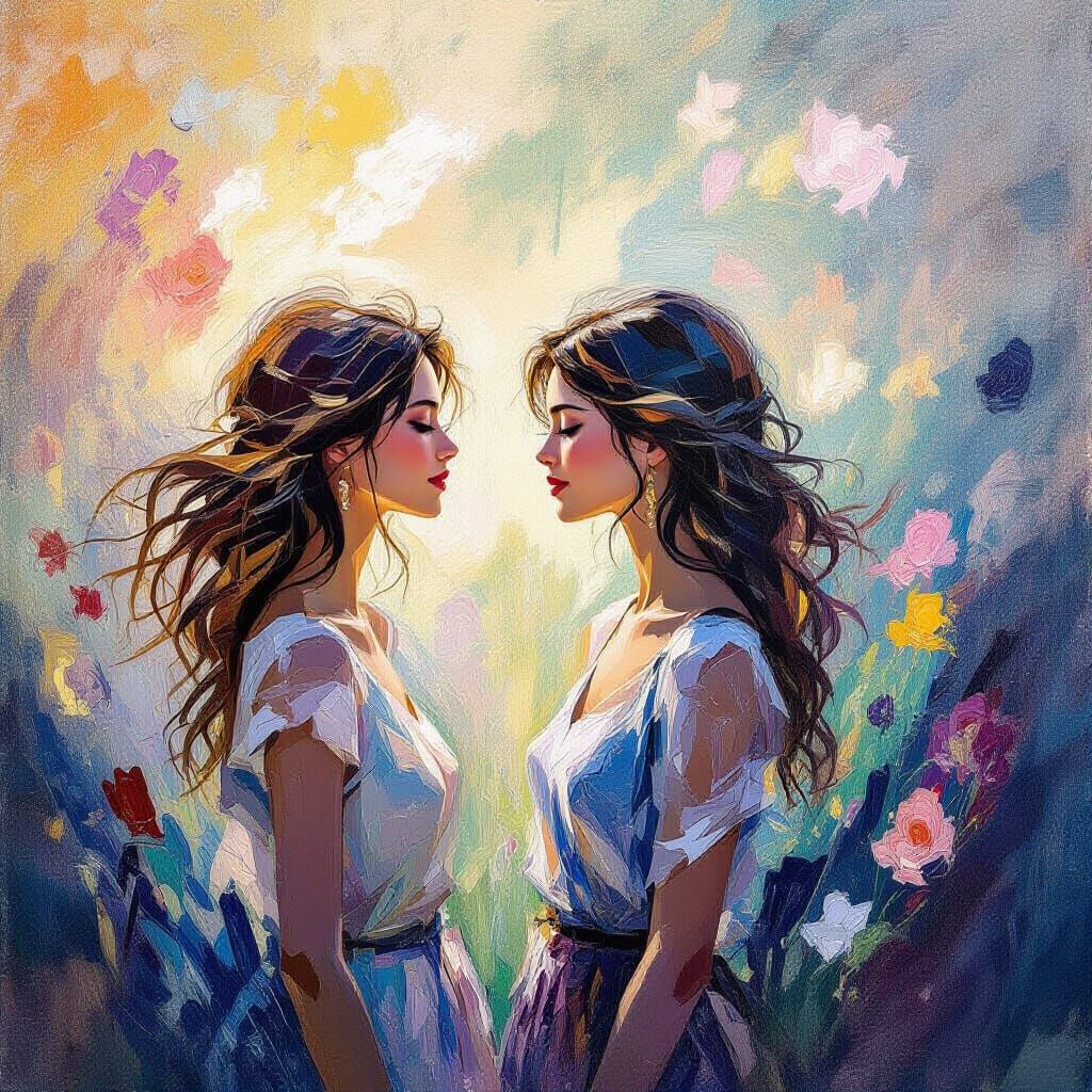 Serene Dreamers Amidst Vibrant Abstract Chaos