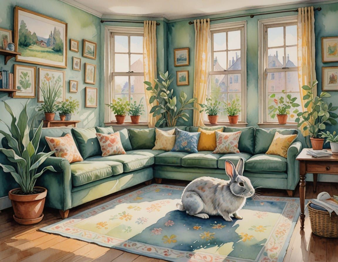 Watercolor Rabbits in a Pastel Eco-Friendly Apartment