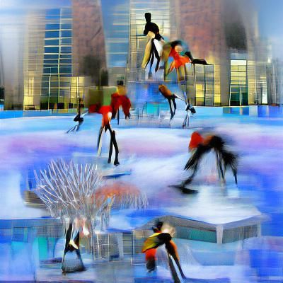 Ice Skaters in Winter City: A Modern Art Scene