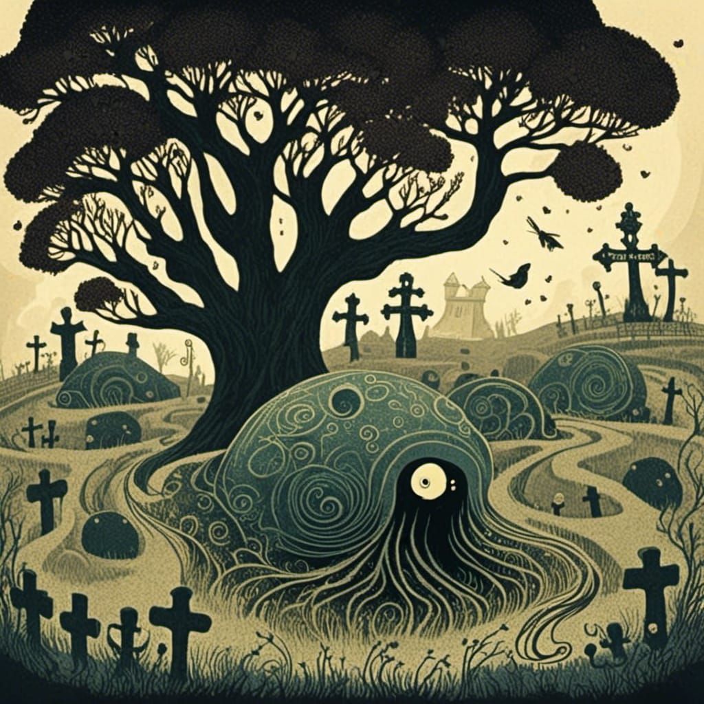 Creepy Cemetery Scene in Dark Gothic Style