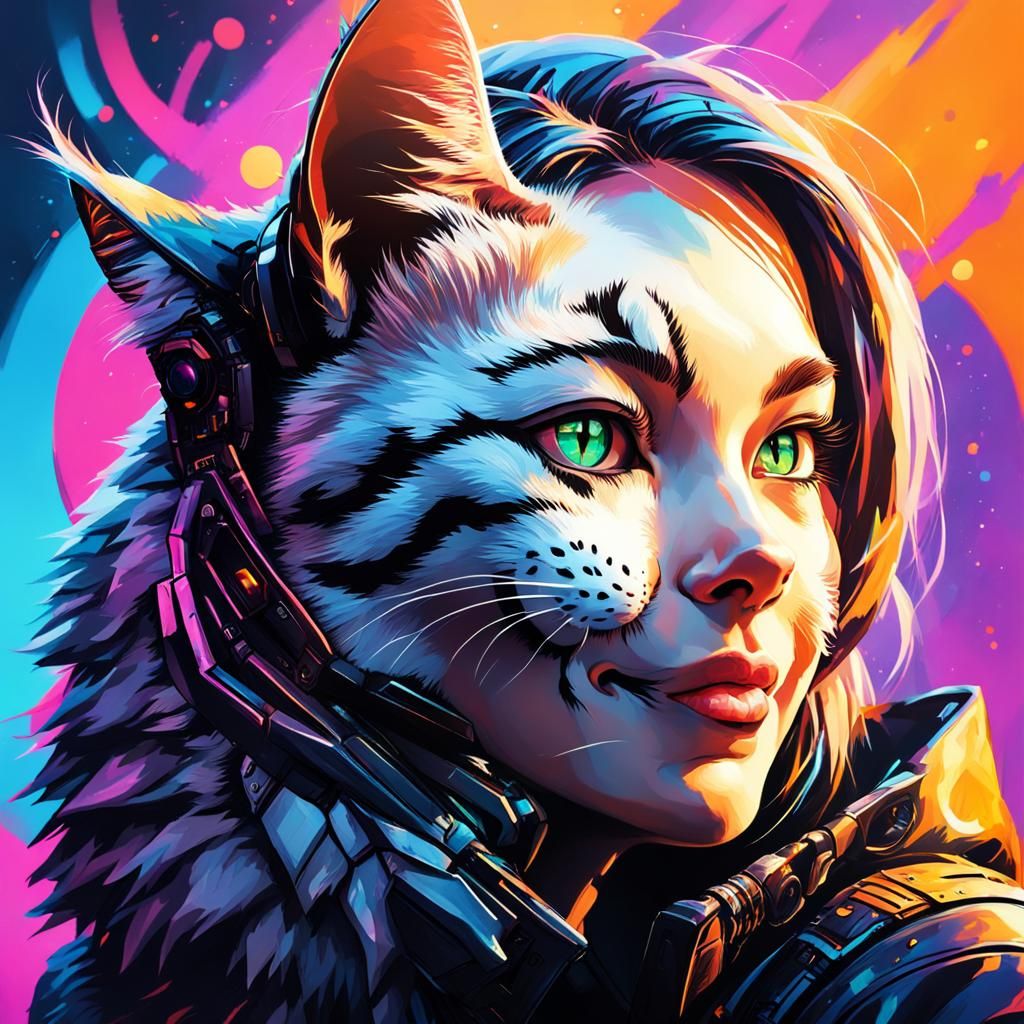Futuristic Cyborg Cat with Girl: Hyperrealistic Concept Art