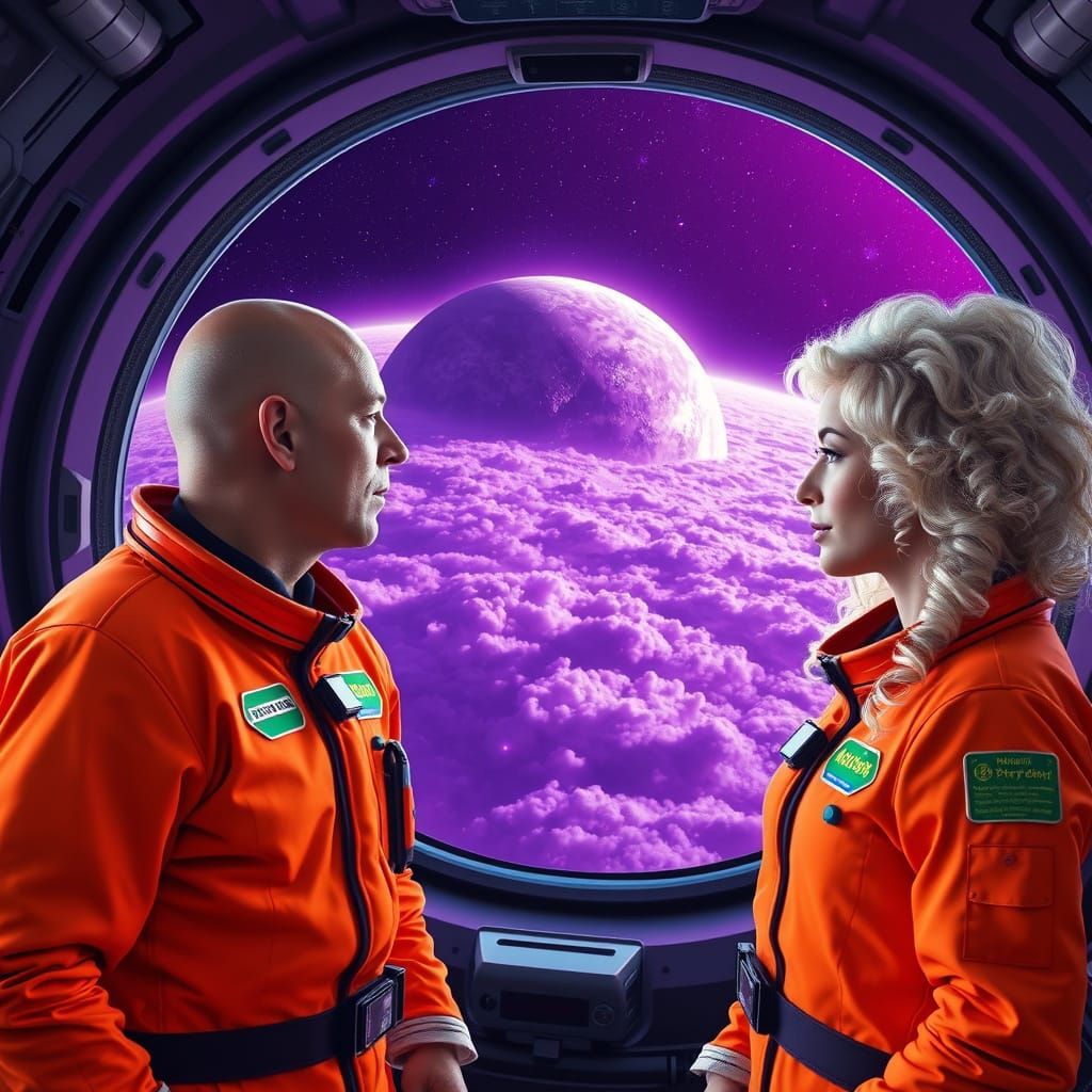 Futuristic Astronauts Gaze Out at a Breathtaking Purple Haze...