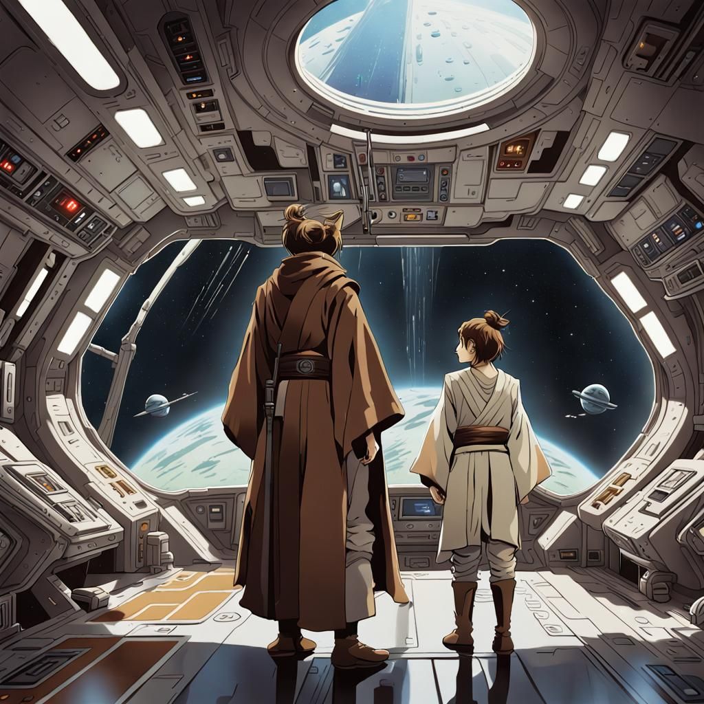 Jedi and Padawan on Spaceship in Anime Style