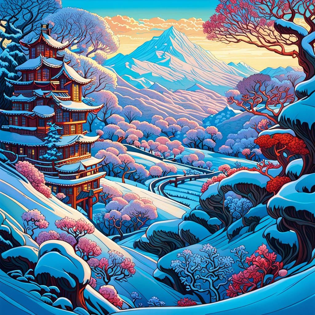 Winter Mazescape in Japanese Art Style