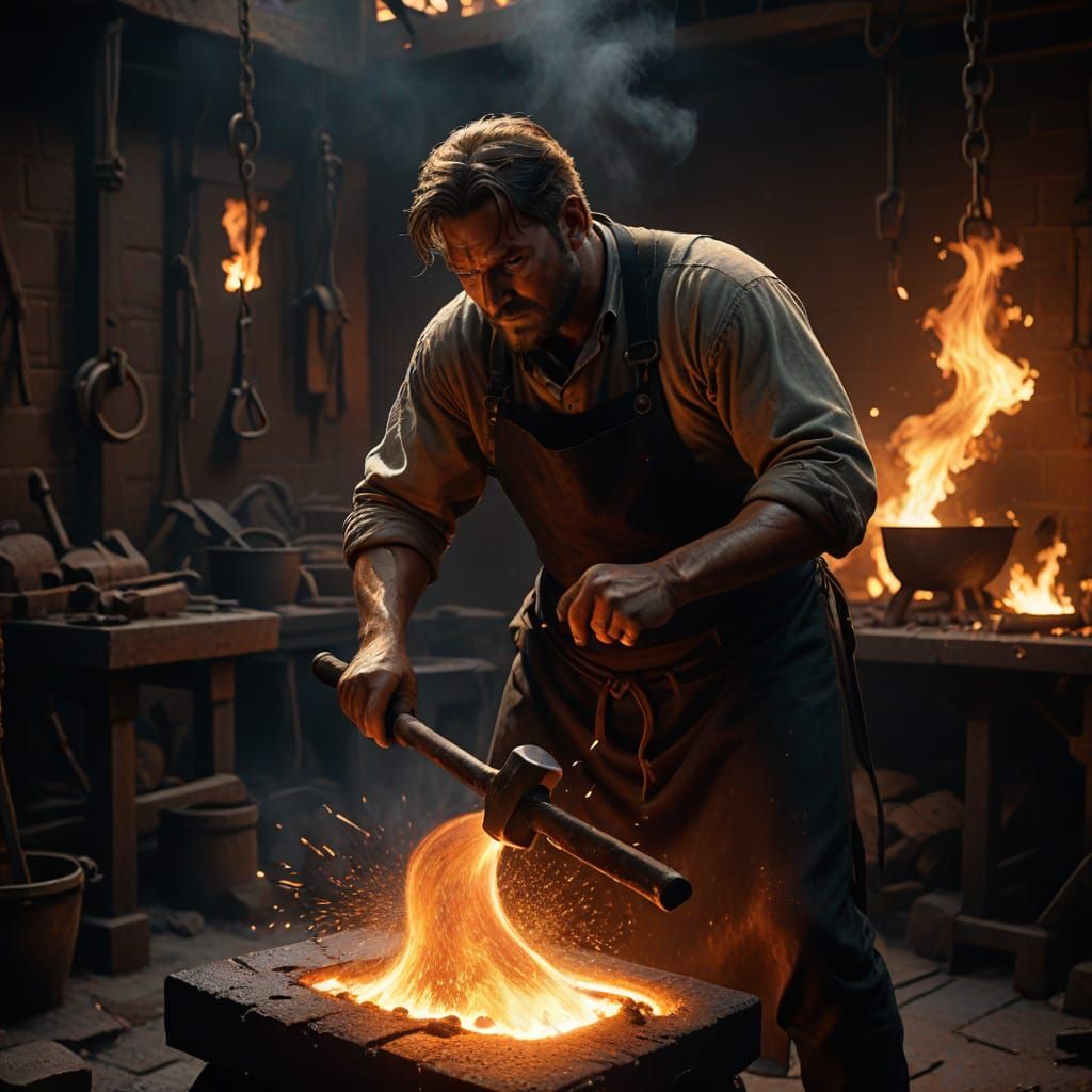 Master Blacksmith in Dramatic Forge Scene