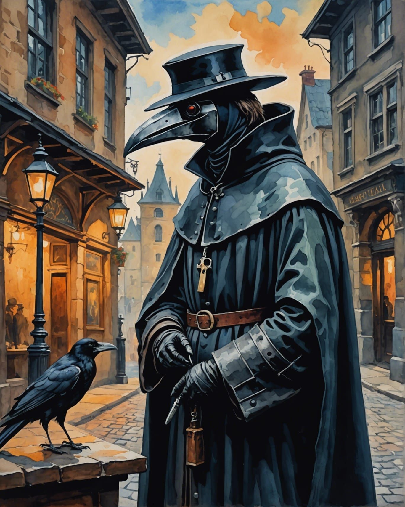 Plague Doctor Contemplates Raven: Gouache Watercolor Style