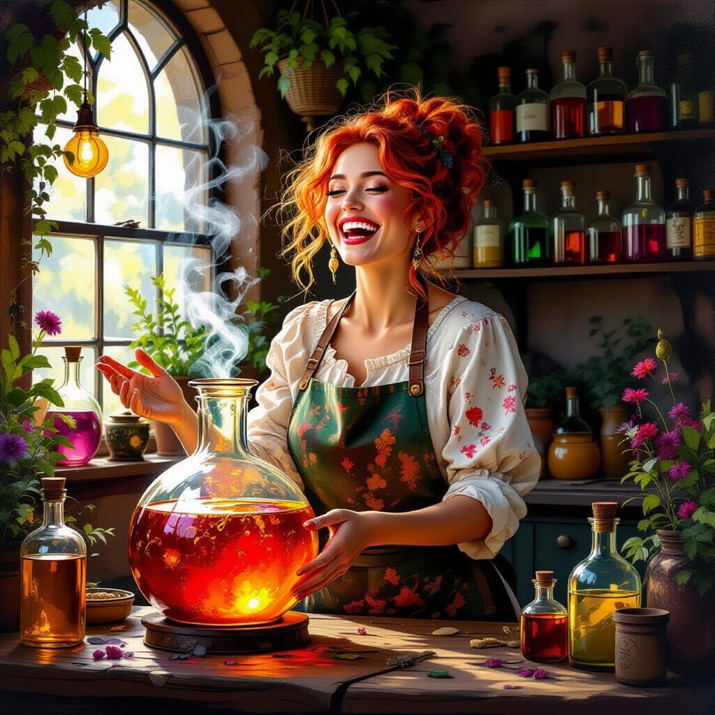 Charismatic Potion Shop Owner Laughing, Holding Bubbling Eli...