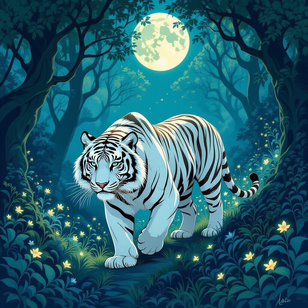 White Tiger in Enchanted Forest, Art Nouveau Style