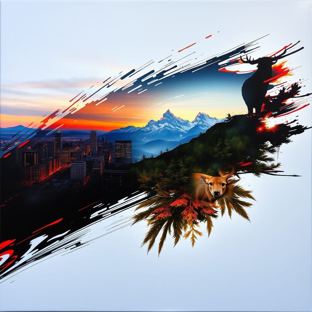 Double Exposure Brushstroke Portal to Nature and City