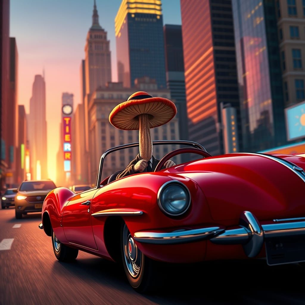 Whimsical Mushroom Chauffeur Drives Red Car Through New York...