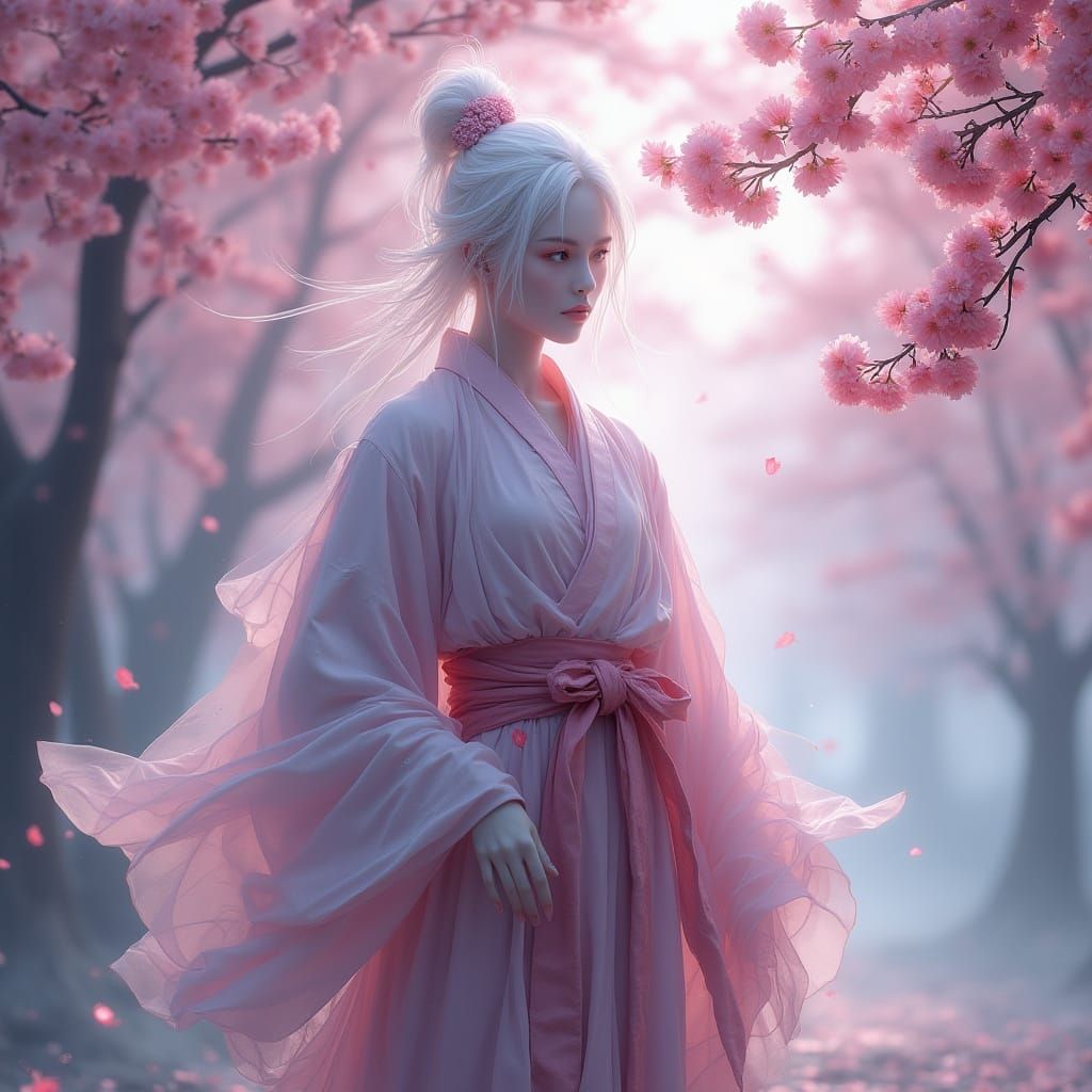 Ghostly Samurai in Cherry Blossoms, Digital Art