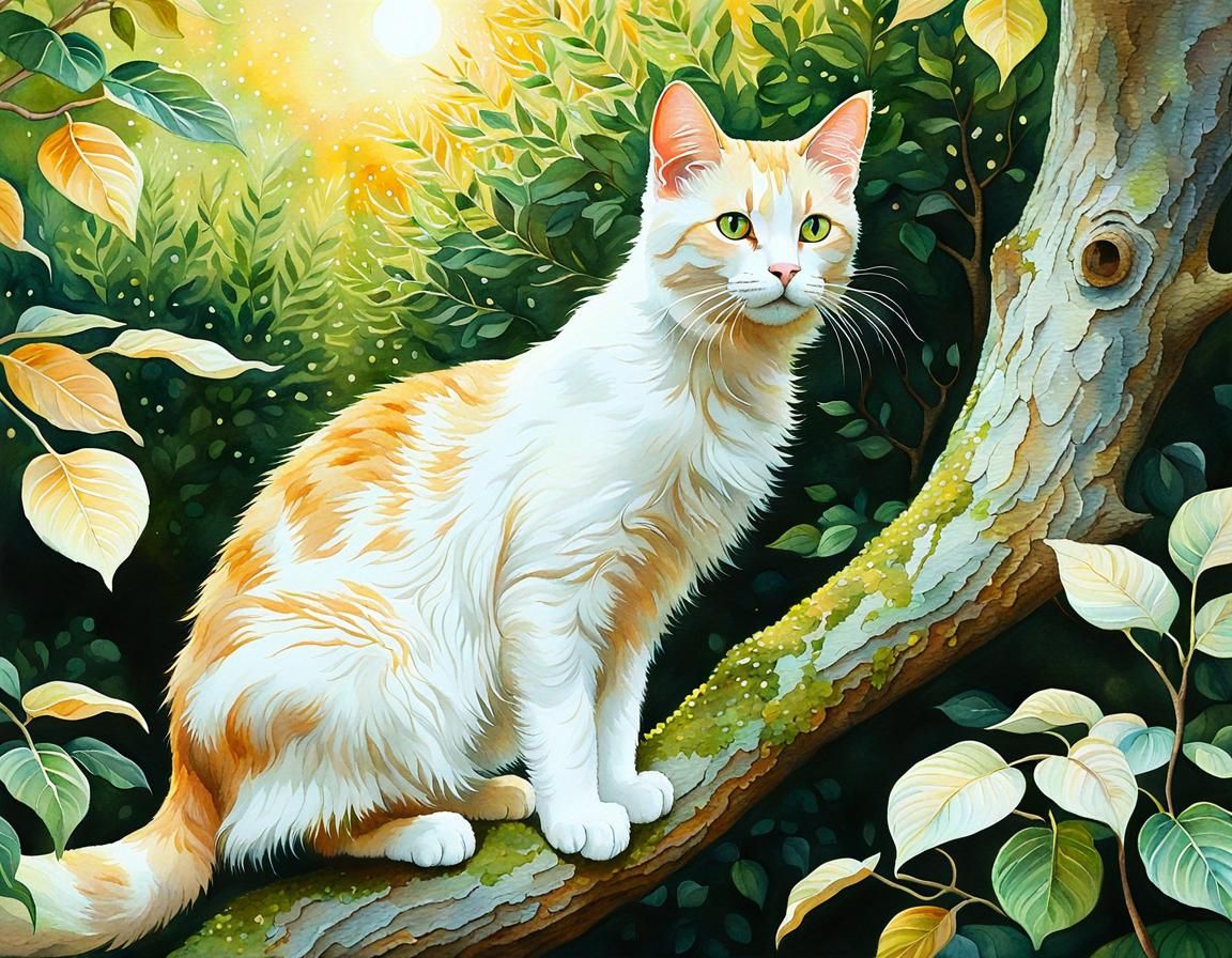 Ethereal Pointillist Cat in Overgrown Golden Garden