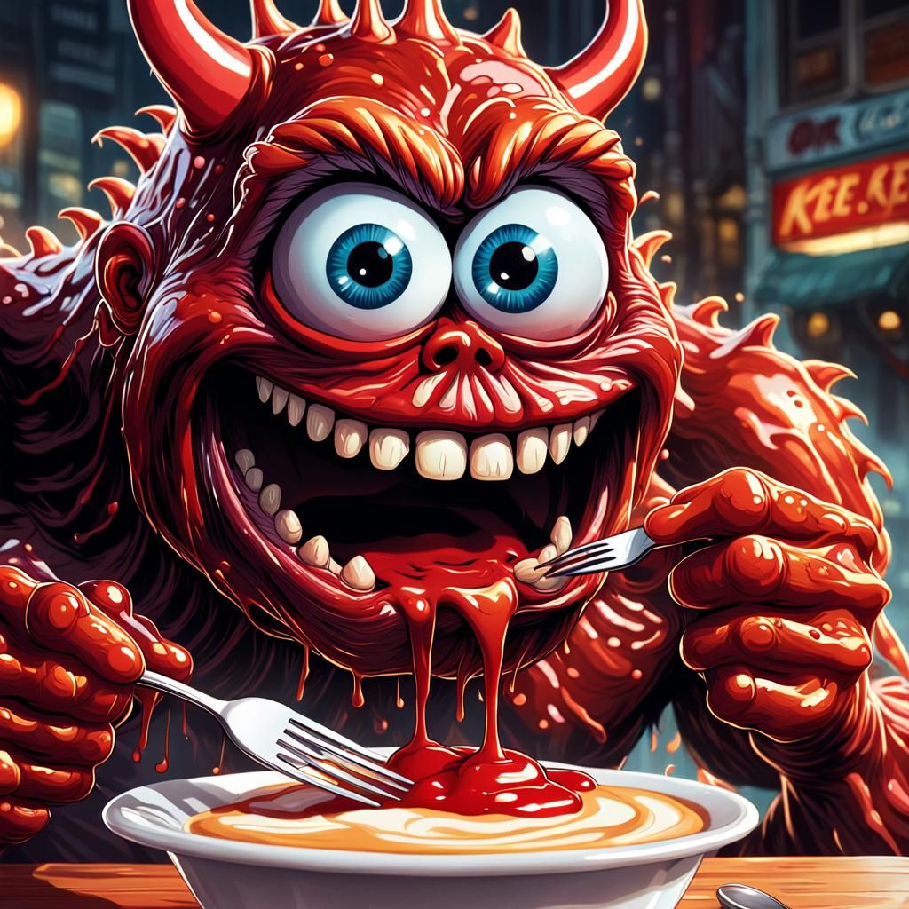 Coffee Monster with Ketchup Fork in Comic Art Style