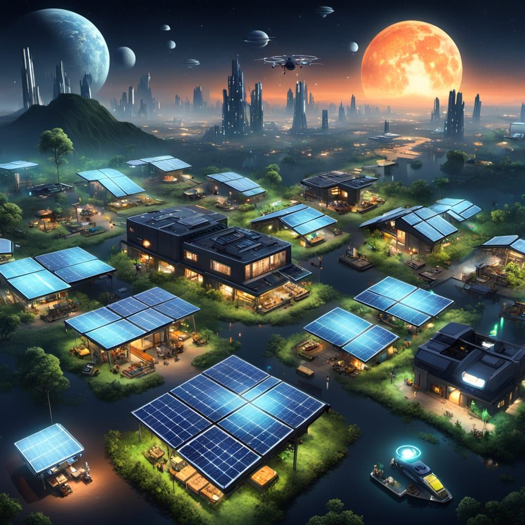 Surreal Eco-Futuristic Solarpunk Village at Night