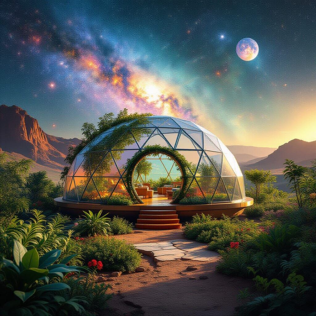 Lush Gardens in Mars Habitat with Cosmic Hologram