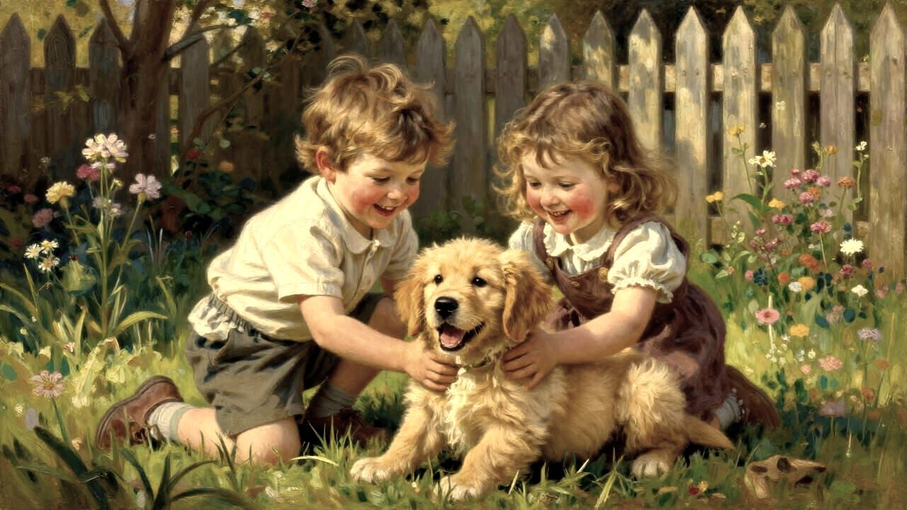 1930s Children Joyfully Play with Puppy in Yard Oil Painting