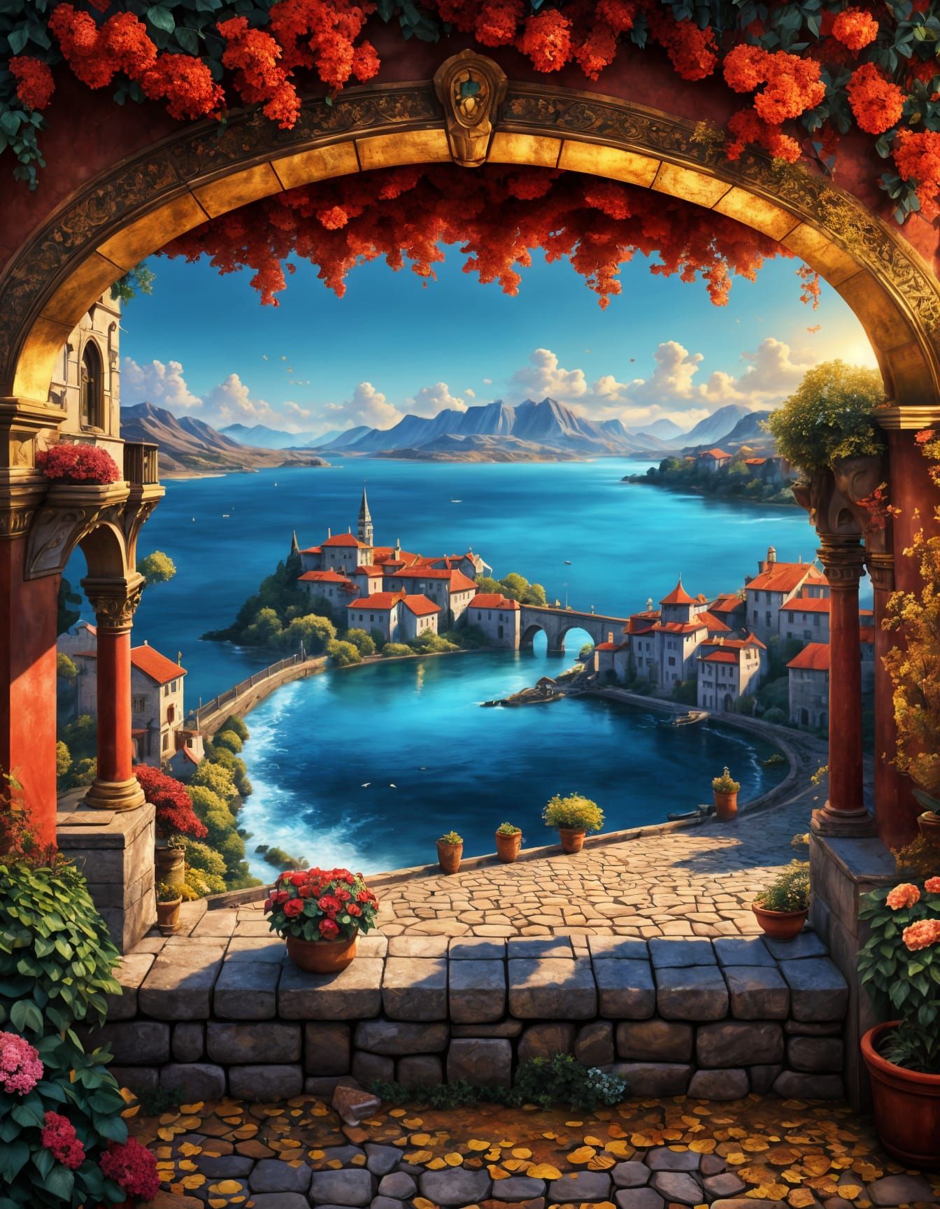 Picturesque Flowery Town Morning Scene