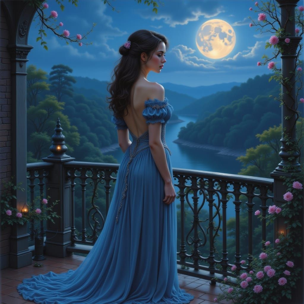 An elegant woman in a flowing, art nouveau gown stands on a balcony overlooking a moonlit garden. Delicate vines with gl...
