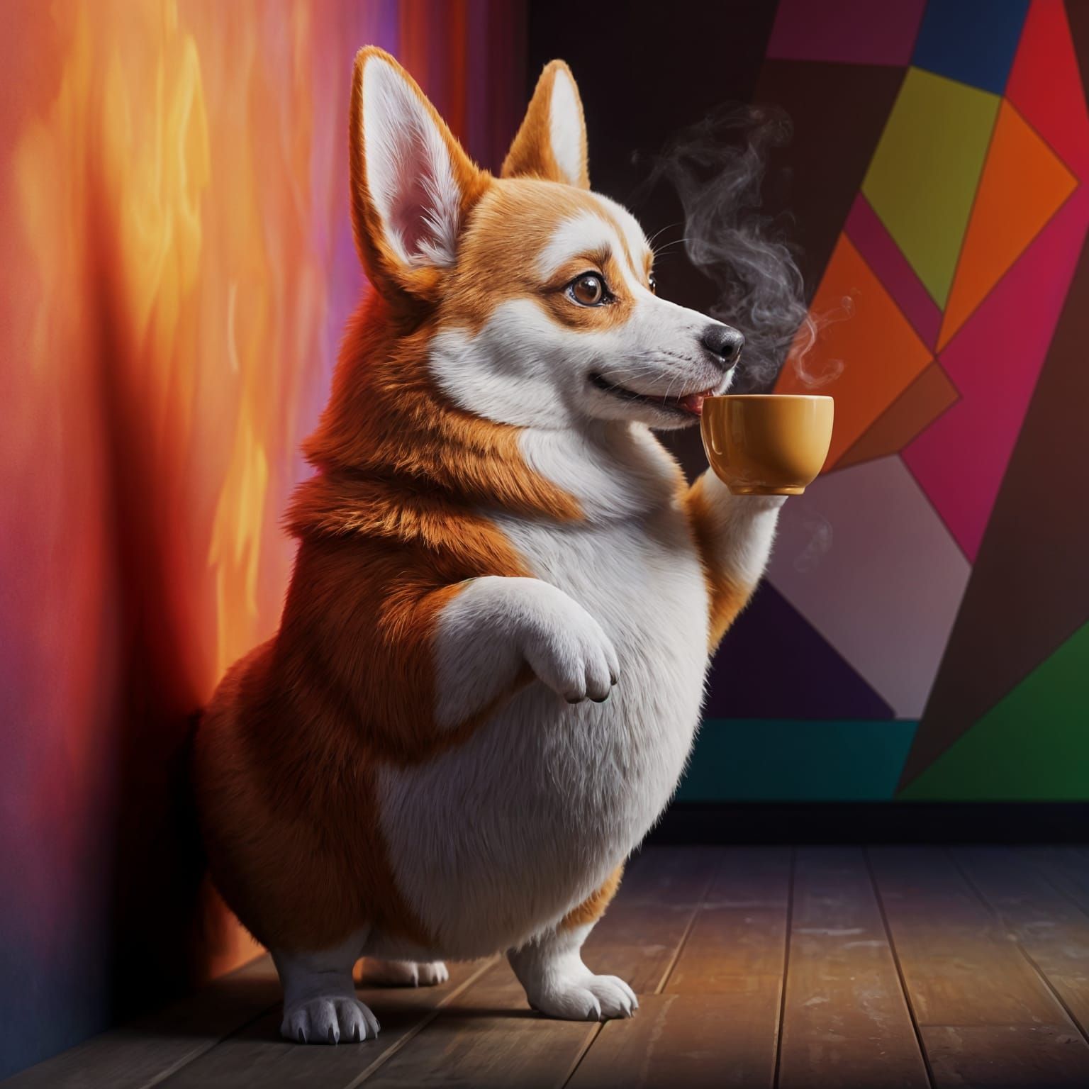 Corgi Sips Coffee Against a Colorful Background