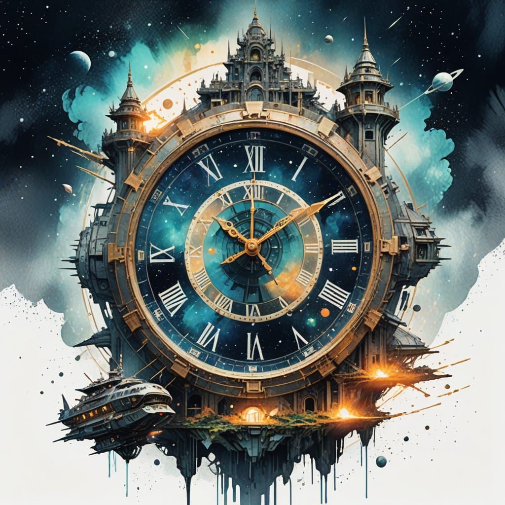 Space+Spaceship+clock, double exposure splash art watercolour and pen, transparent glowing ruins , Layered Inside, doubl...