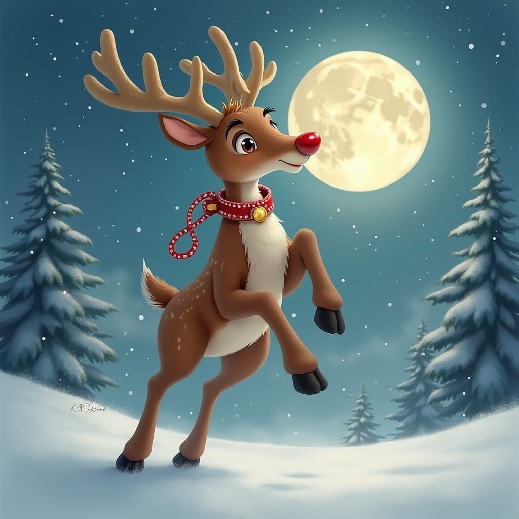 Realistic Rudolph the Red-Nosed Reindeer Dancing in Snowy Wi...