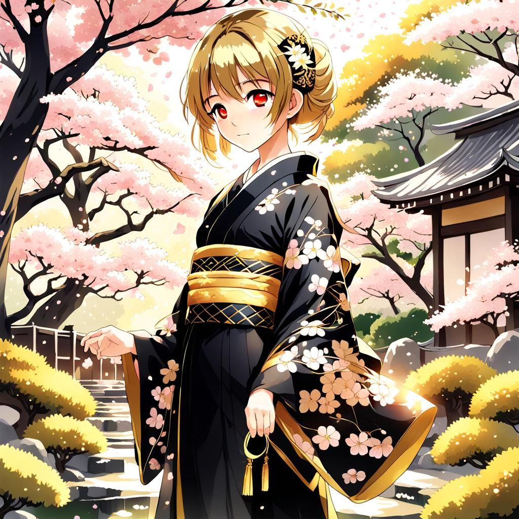 Anime Woman in Golden Kimono in Japanese Garden