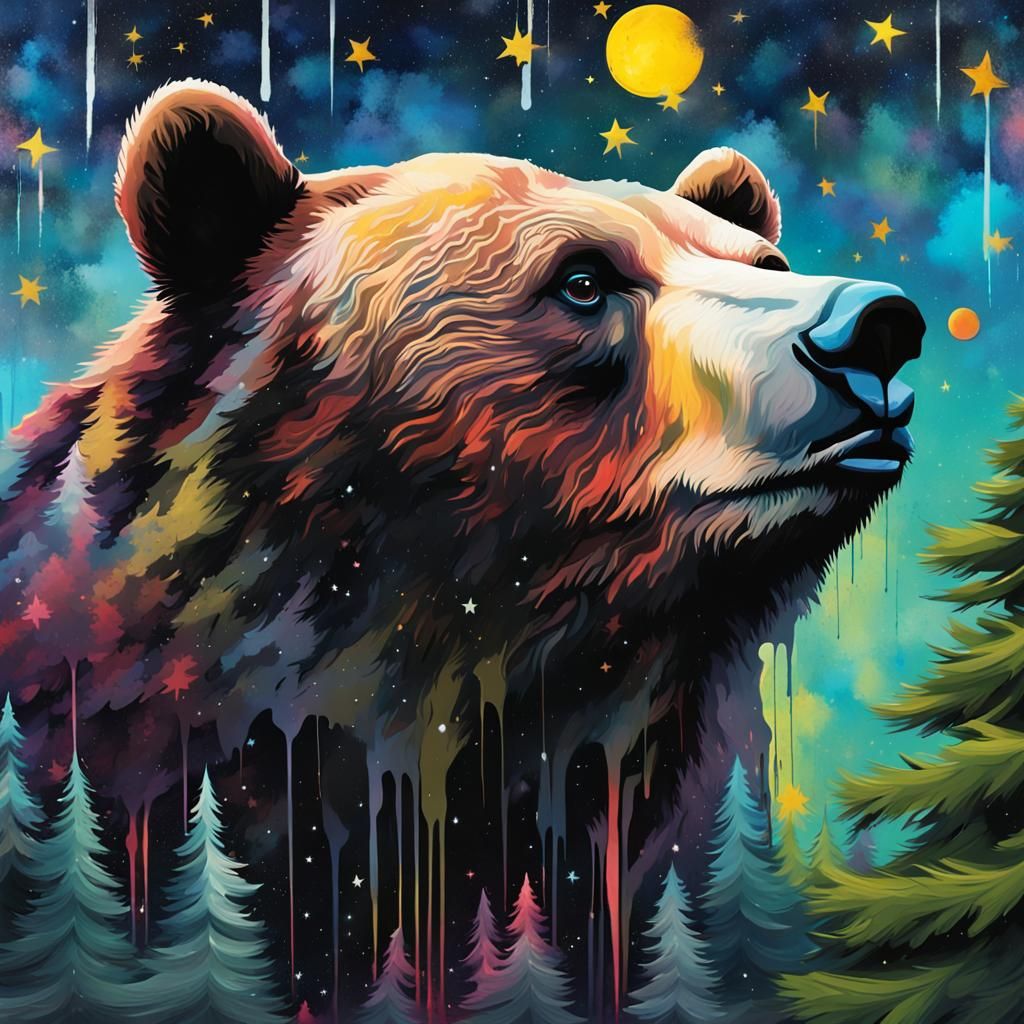 Abstract Bear in Starry Forest, Graffiti Art Style
