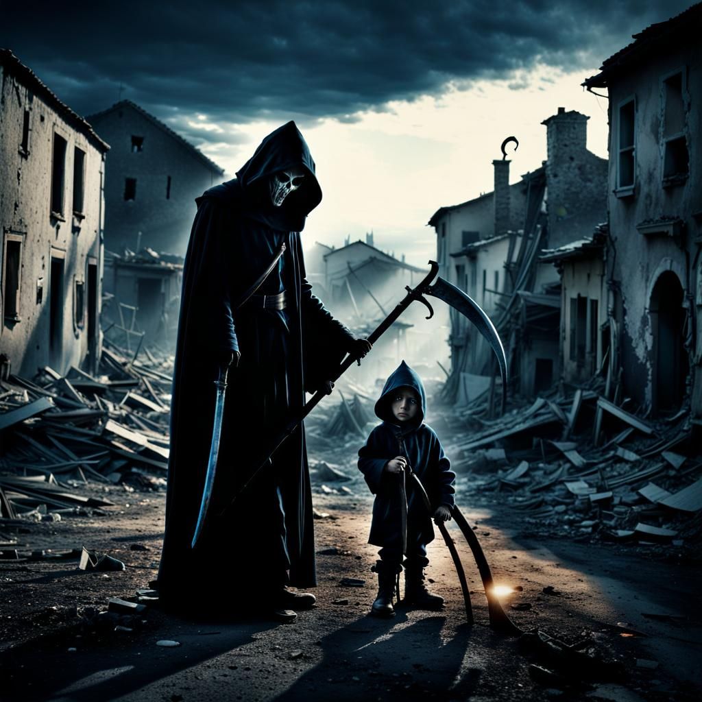 Grim Reaper and Child in War-Torn City