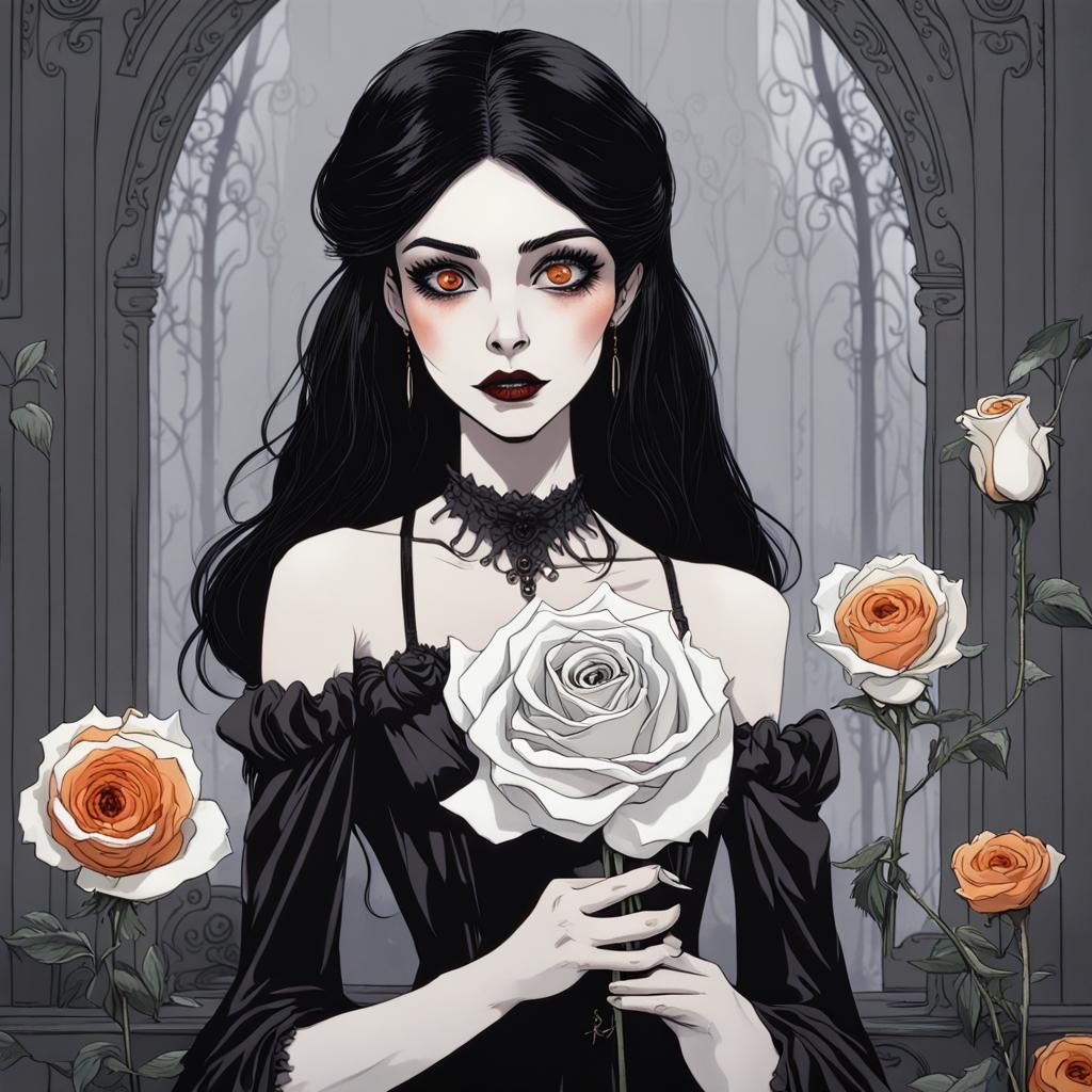 Gothic Woman with Rose in Tim Burton Style