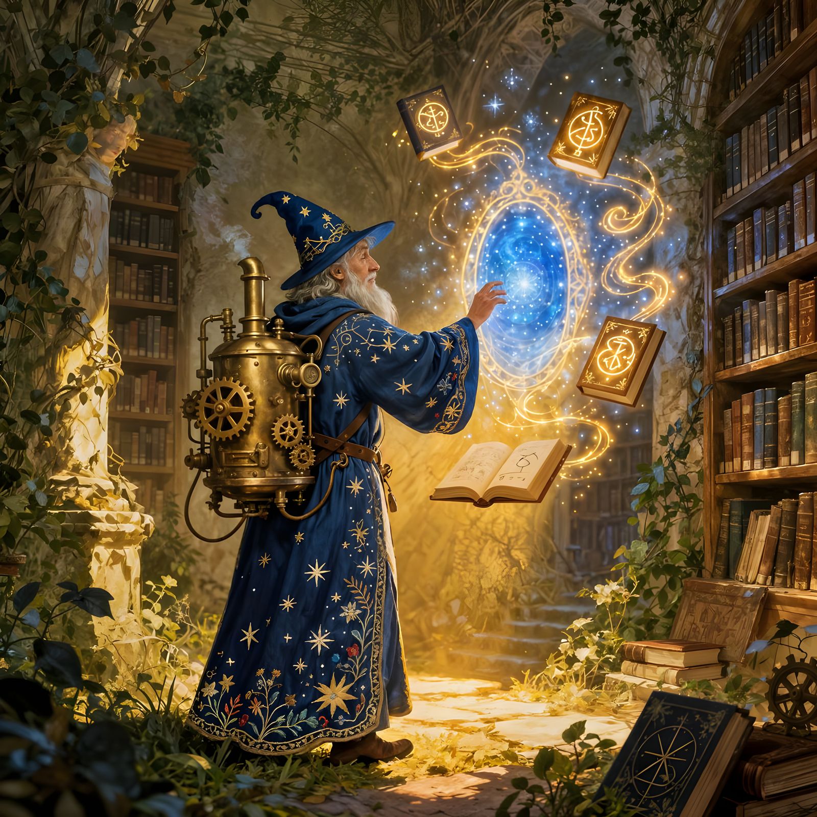 Whimsical Wizard Conjures Portal in Steampunk Library