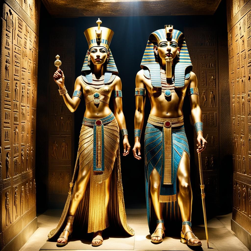 Cleopatra and Tut in Sunlit Tomb Chamber