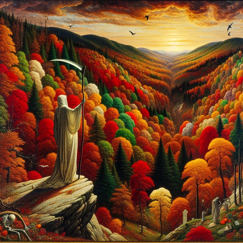 Death Captivated by Autumn Landscape in Watercolor Style