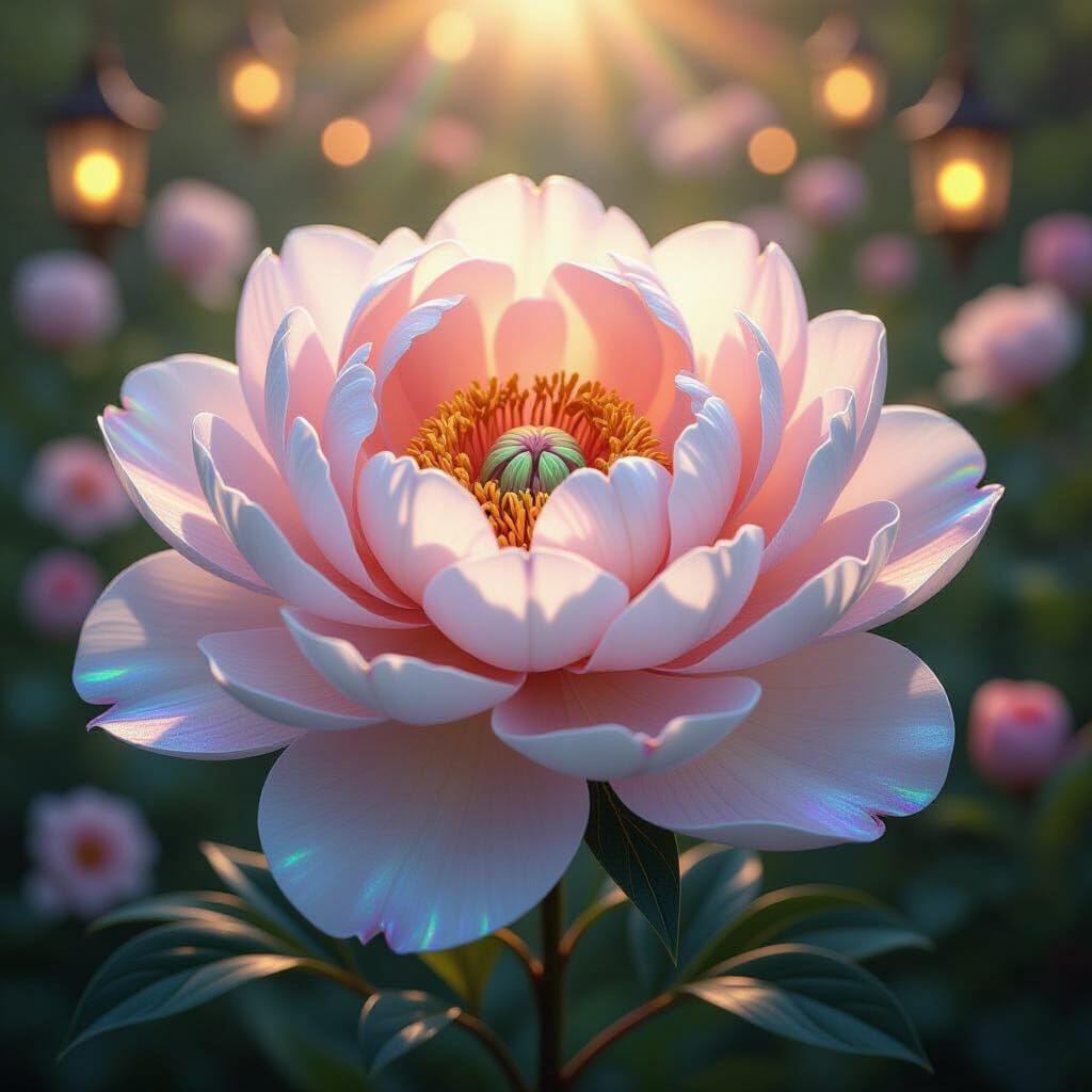 "A photograph of a fantastical opal peony, its petals meticu...