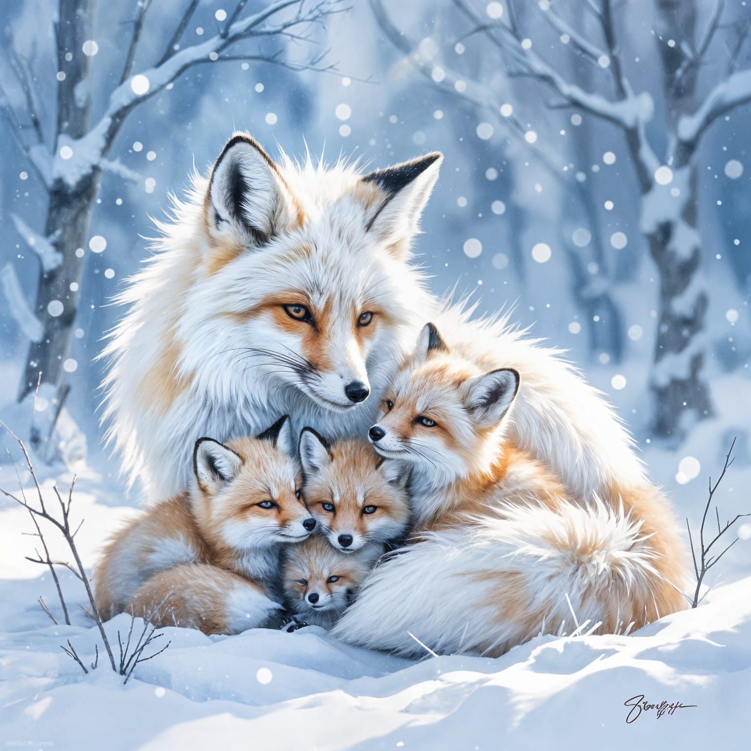 Mother Fox Cuddles Babies in Snowy Winter Scene