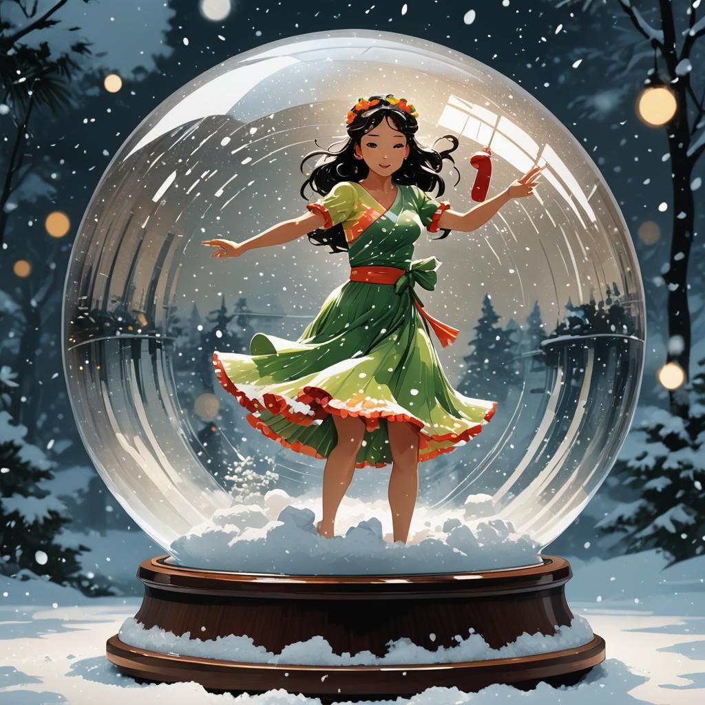 Hula Girl Dances in Snow Globe: Retro Digital Art