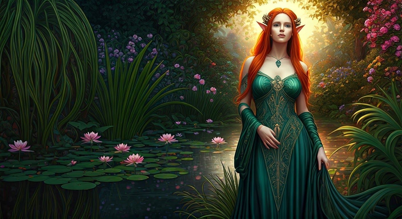 Red-Haired Elf in Psychedelic Art Nouveau Landscape