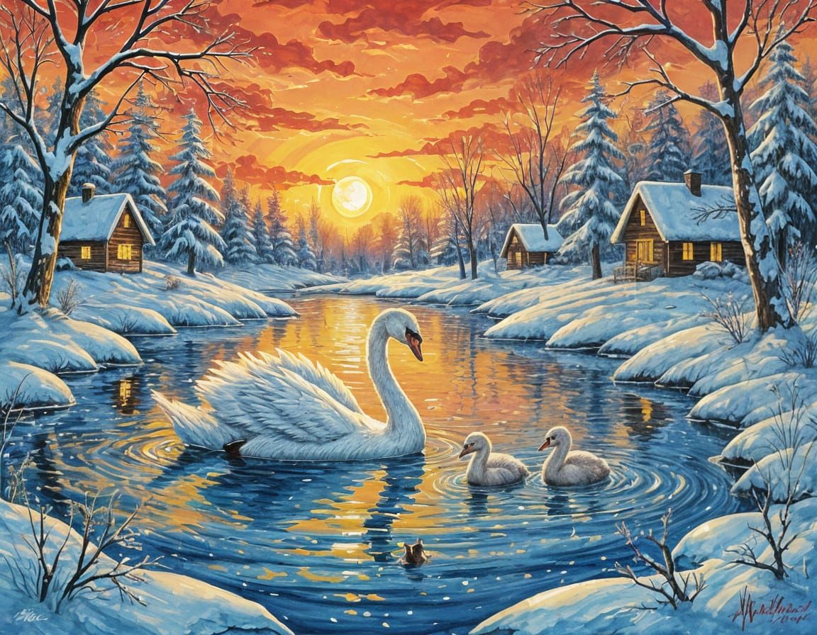 Majestic Swan and Chicks in Dreamlike Gouache Wonderland