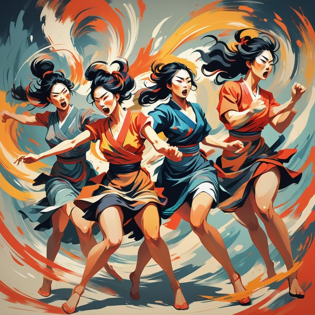 Dynamic Illustration: Five Women Twirling in Anger