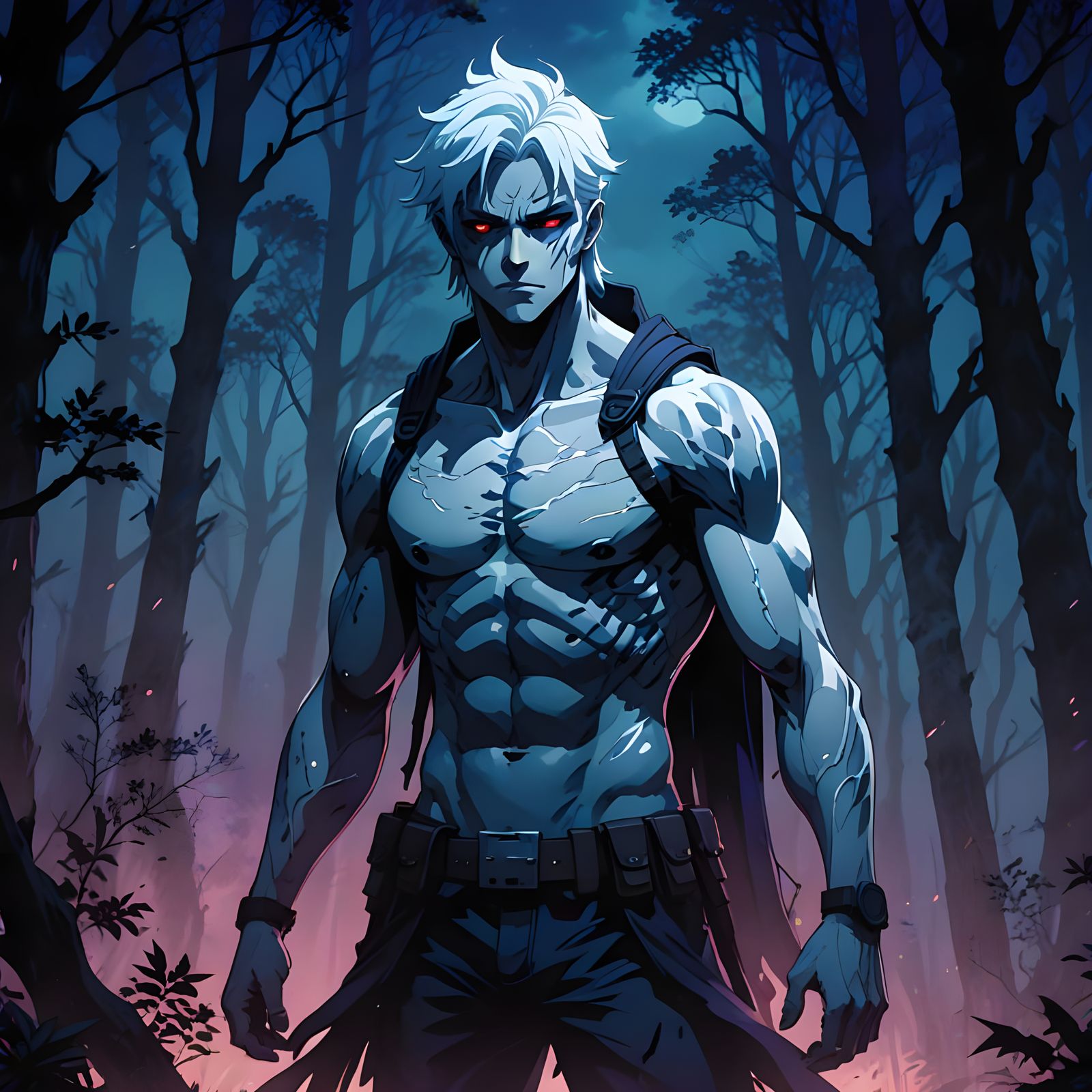 Mysterious Ghost Warrior in a Dark Forest at Night