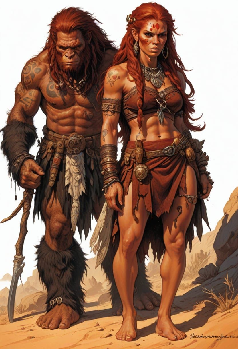 Neanderthal Cavewoman and Apeman in Heroic Fantasy Style