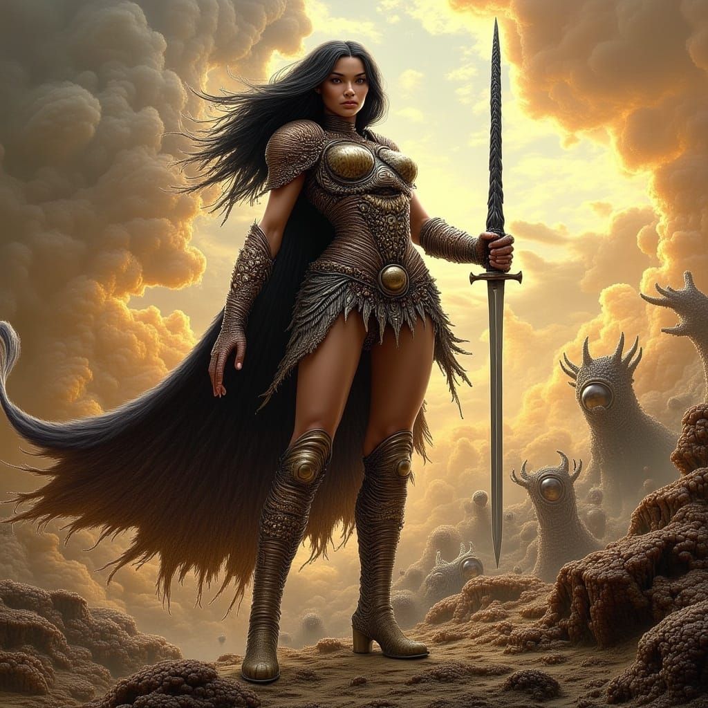 Victorious Armored Warrior on Battlefield in Fantasy Style