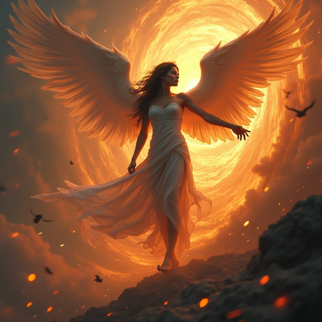 Majestic Angelic Hybrid in Fiery Vortex