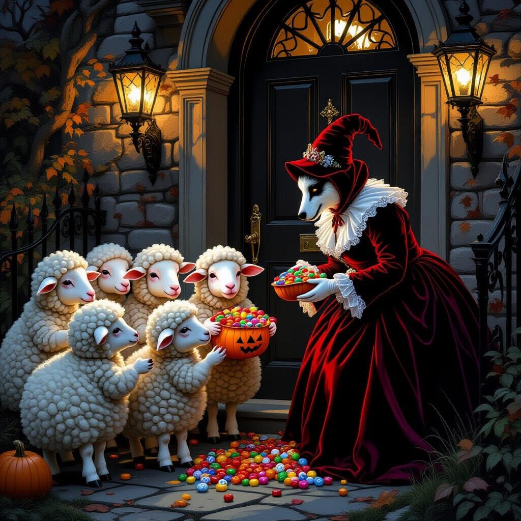 Adorable Sheep Trick-or-Treating at Gothic Mansion