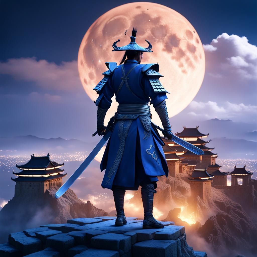 Lightning Samurai Under Blue Moon: Detailed Matte Painting