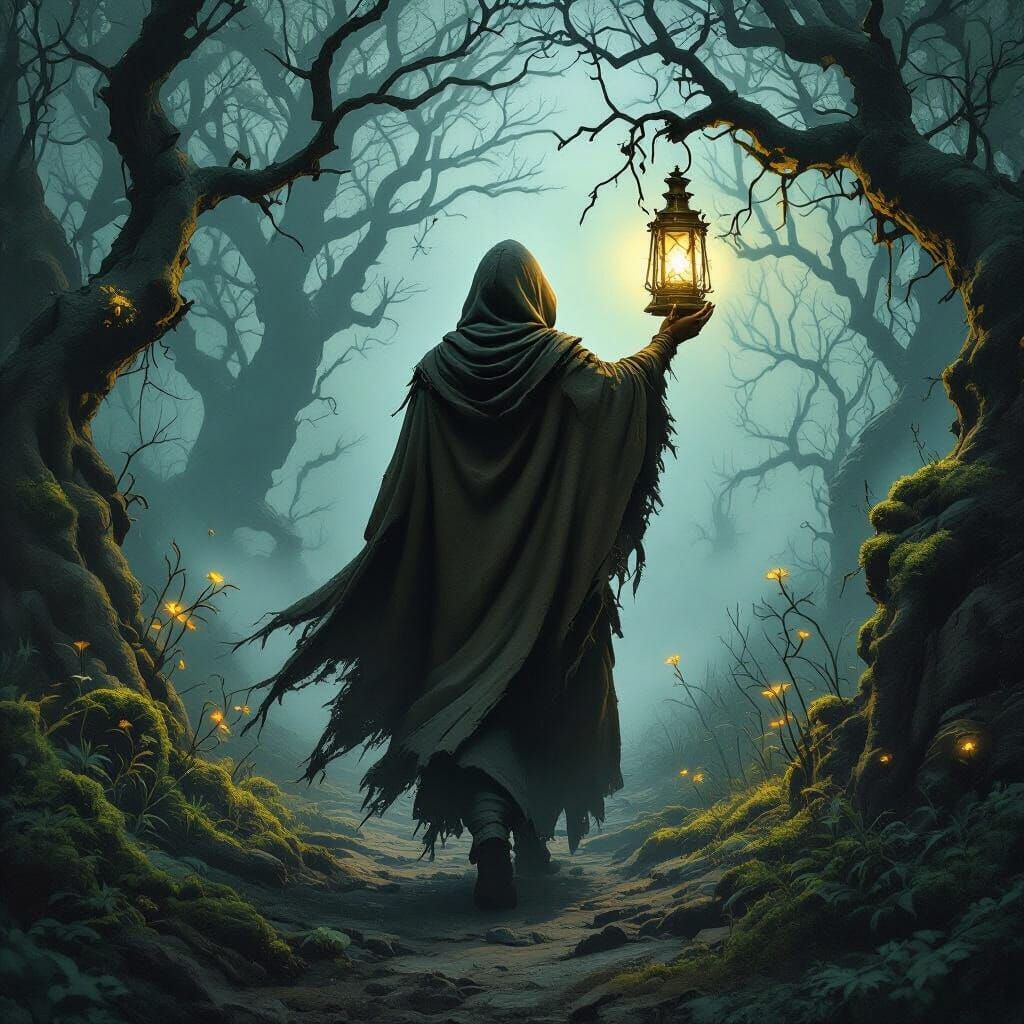 Hooded Figure in Twilight Forest with Lantern