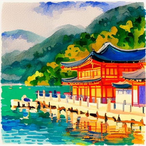Miyajima Island: Gouache and Watercolor Impressionist Painti...